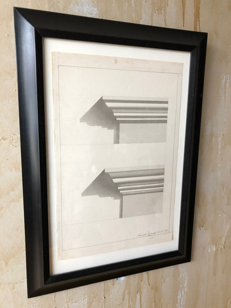 Antique Architectural Drawing - Pencil and Watercolor of an Architectural Moulding - Mercato Antiques
