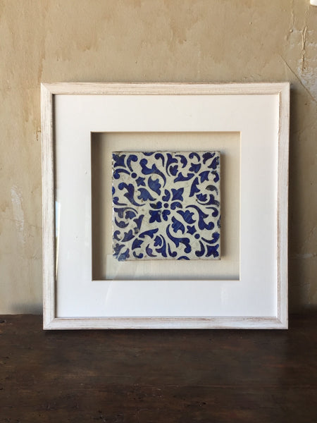 (SOLD) Framed Italian Antique Tile - Cobalt Blue and White