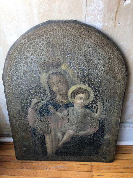 (SOLD)Italian Antique Madonna and Child Painted on Slate Plaque