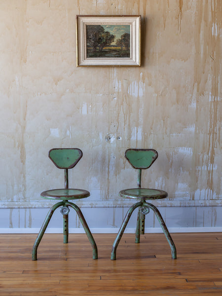 (SOLD) Pair of Green Italian Vintage Industrial Stools