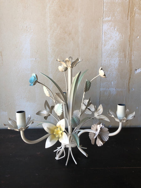 (SOLD) Vintage Italian Tole Chandelier- Blue and Yellow Floral with Mint Green Leaves - Mercato Antiques