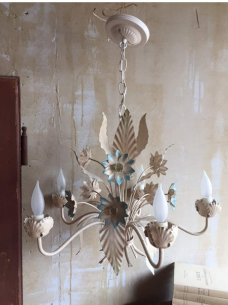 Italian Tole Chandelier- Blue Floral - Mercato Antiques - 1