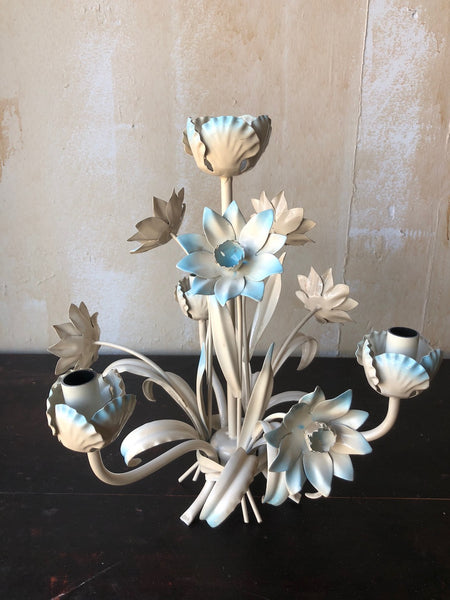 (SOLD) Vintage Tole Chandelier - Light Blue Flowers - Mercato Antiques