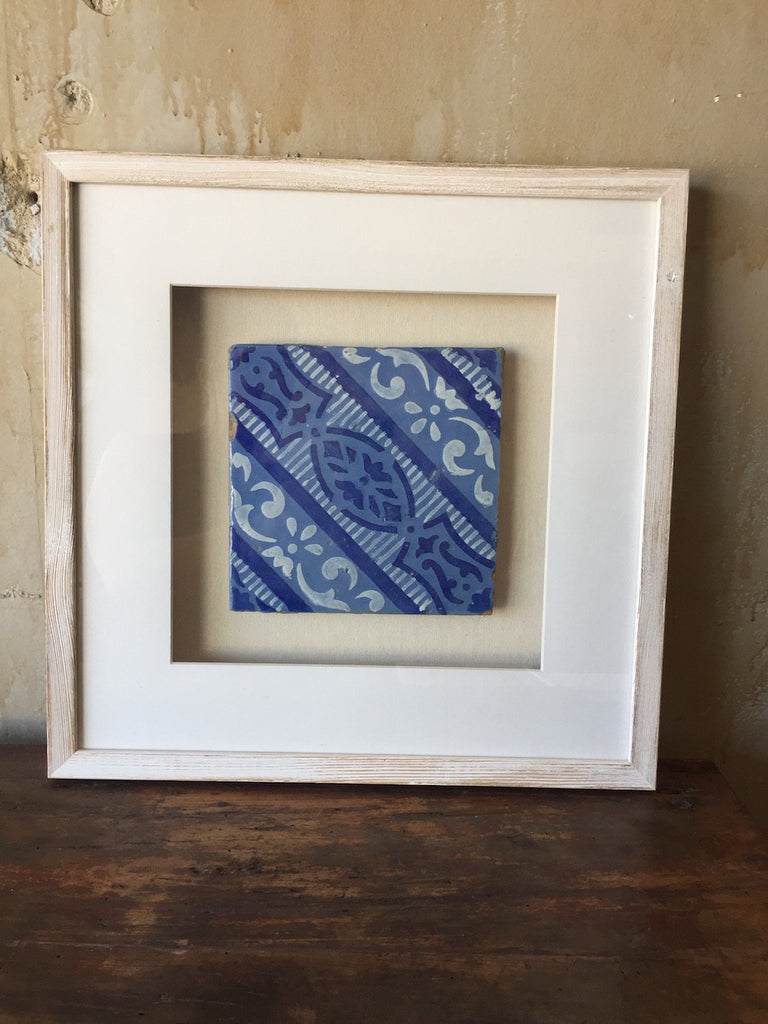 (SOLD) Framed Italian Antique Tile - Light and Dark Blue with White