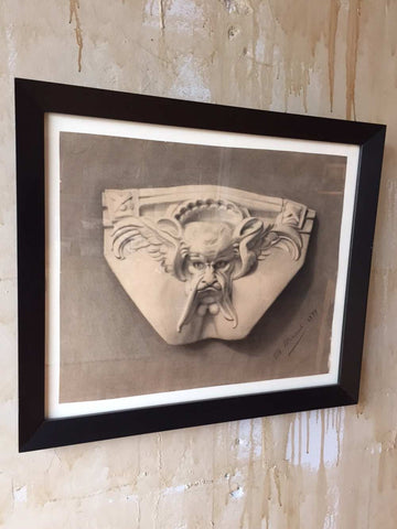 Framed Italian Antique Charcoal Drawing Gargoyle Face