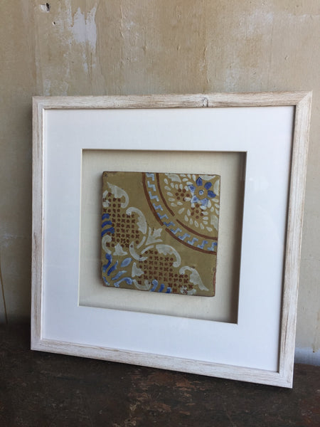 SOLD) Framed Italian Antique Tile - Tan White Blue Red