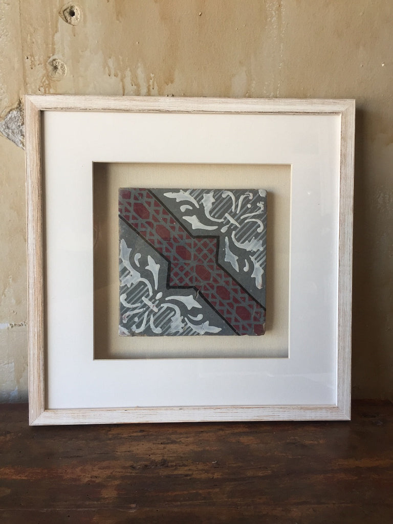 (SOLD) Framed Italian Antique Tile - Gray White Red Black